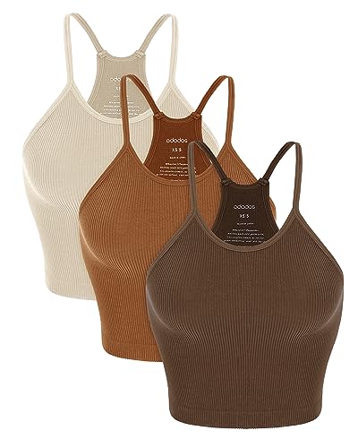 ODODOS Women's Crop Camisole 3-Pack Washed Seamless Rib-Knit Crop Tank Tops, Long Crop, Brunette+Clay+Mushroom, X-Large/XX-Large
