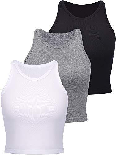 3 Pieces Women's Cotton Basic Sleeveless Racerback Crop Tank Top Sports Crop Top for Lady Girls Daily Wearing (,)