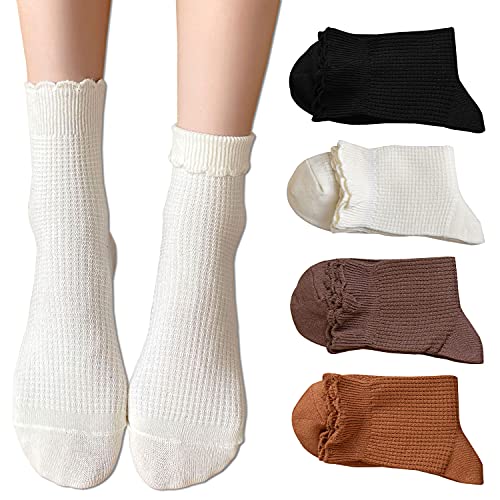 ZRYLIBYA Women Cute Ruffle Frilly Turn Cuff Ankle Socks Scalloped Pointelle Solid Casual Crew Socks 4 Pairs (Black,White,Coffee,Orange)