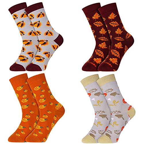Geyoga 4 Pairs Thanksgiving Socks Autumn Fall Socks Turkey Socks Maple Leaf Socks Pumpkin Mushroom Socks Novelty Crew Socks for Women Men