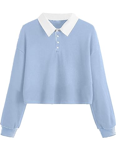 Remidoo Women's Collared Half Button Long Sleeve Polo Crop Top Sweatshirt Light Blue Medium