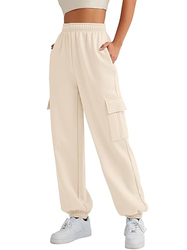 AUTOMET Womens Cargo Sweatpants Fleece High Waisted Joggers Pants Athletic Lounge Trousers with Pockets 2023 Apricot