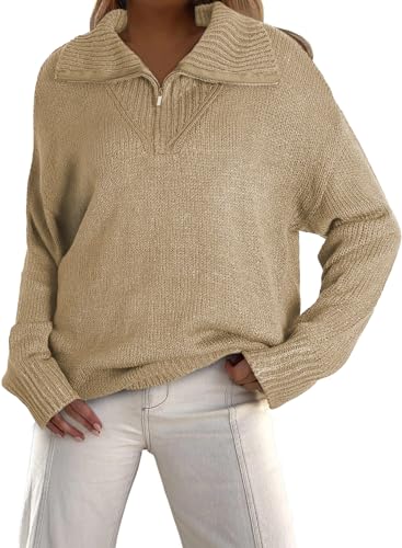 Dokotoo Winter Sweaters for Women Kint Sweater Quarter Zip Pullover for Women Business Casual Knit Jumper Tops Spring Fall Trendy Aestheic Clothes V Neck Khaki Sweater Small