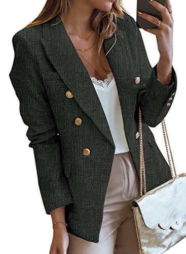 Happy Sailed Fashion Double Breasted Tweed Blazers for Women 2023 Slim Fitted Professional Lapel Collar Office Blazer Jackets Fall Long Sleeve Open Front Business Suits for Work Black Medium