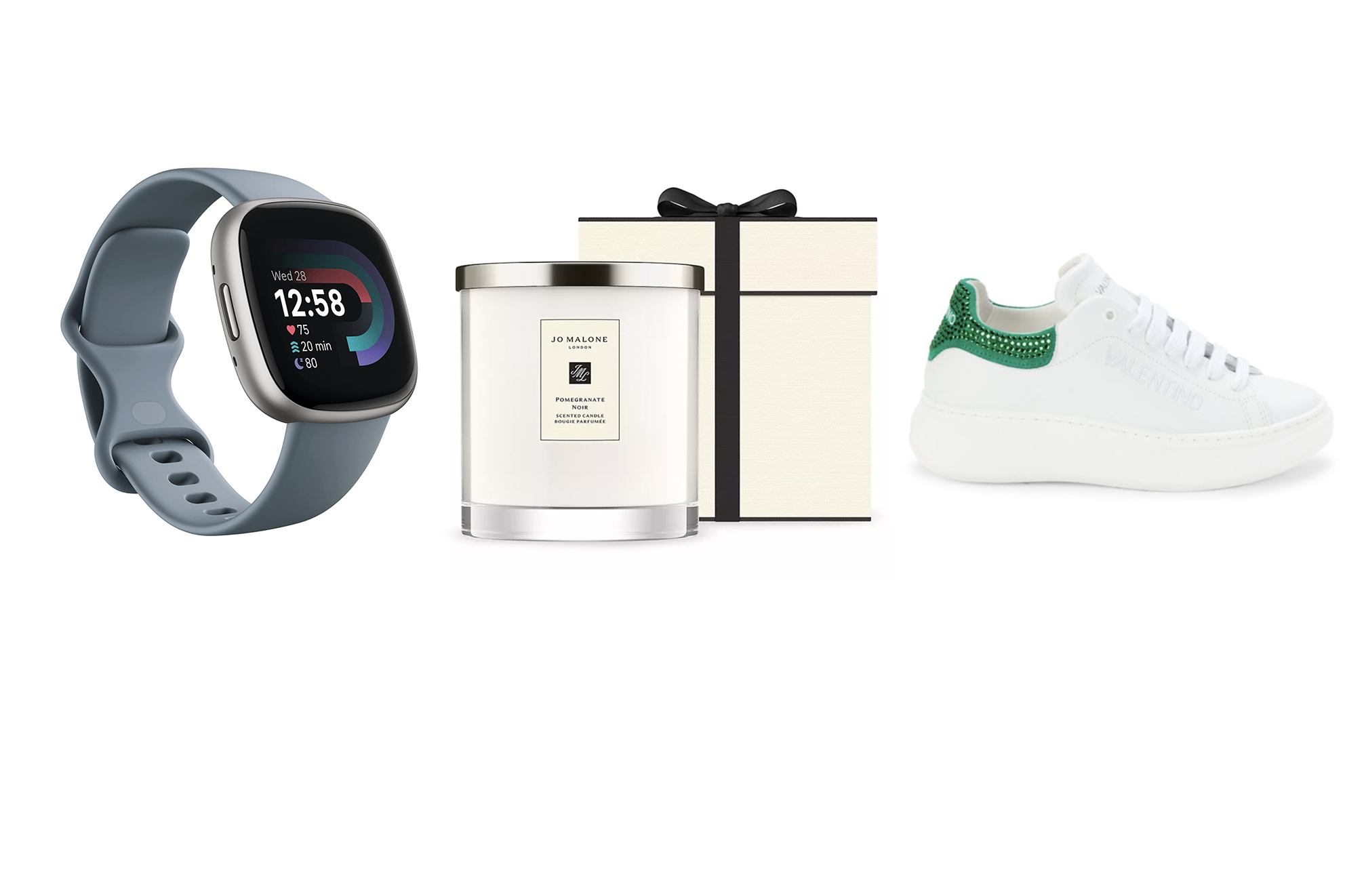 Various gifts including a Fitbit, Jo Malone candle and Valentino sneakers