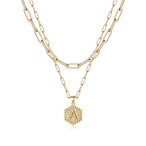 M MOOHAM Dainty Gold Initial Necklaces for Women Trendy - Teen Girl Necklaces for Women Gold Necklace Hexagon Letter Initial A Necklace Layered Choker Necklaces Gifts for Women Teen Girls Jewelry