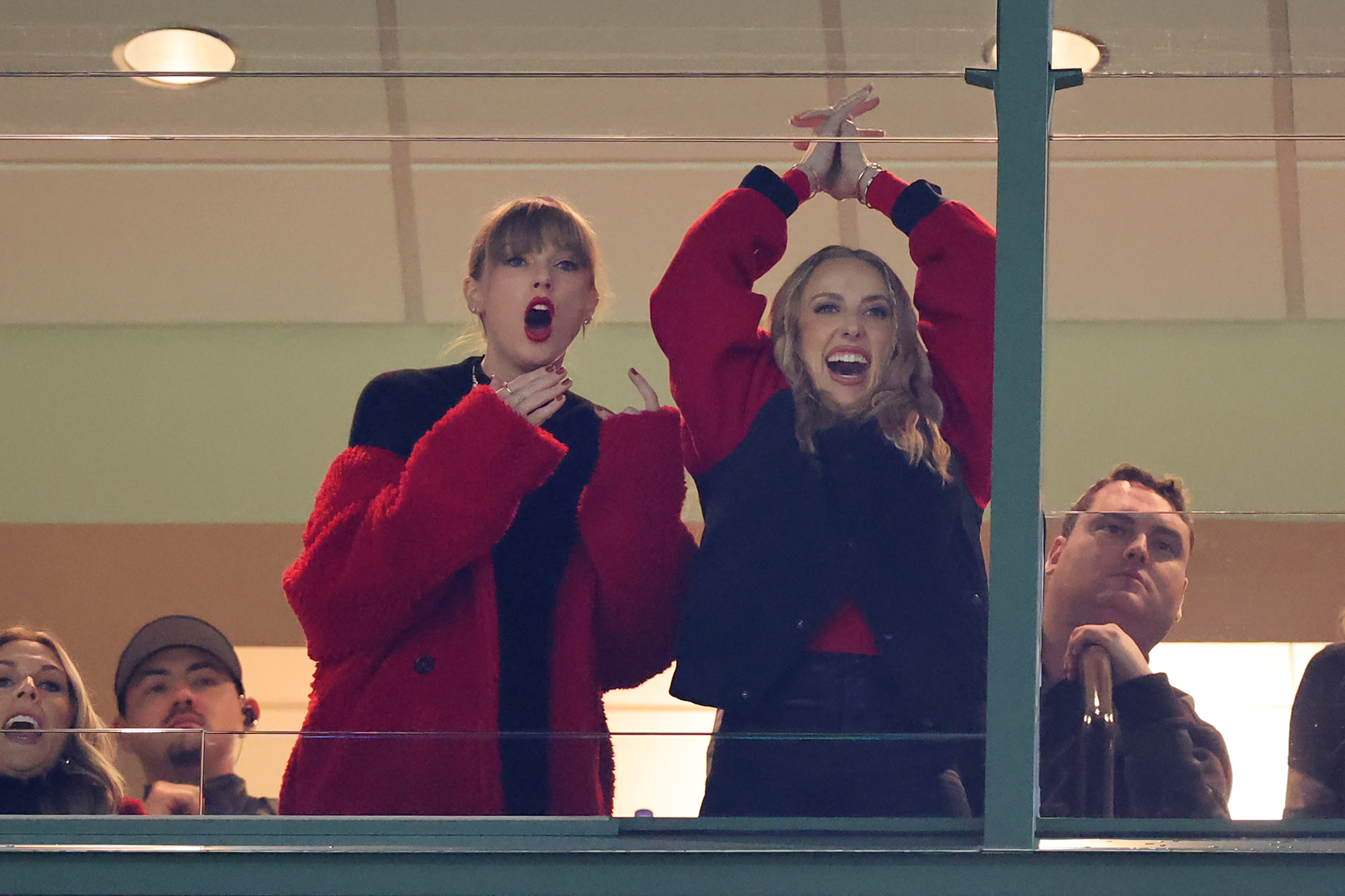 Taylor Swift and Brittany Mahomes at the Kansas City Chiefs game at Lambeau Field on December 3, 2023.