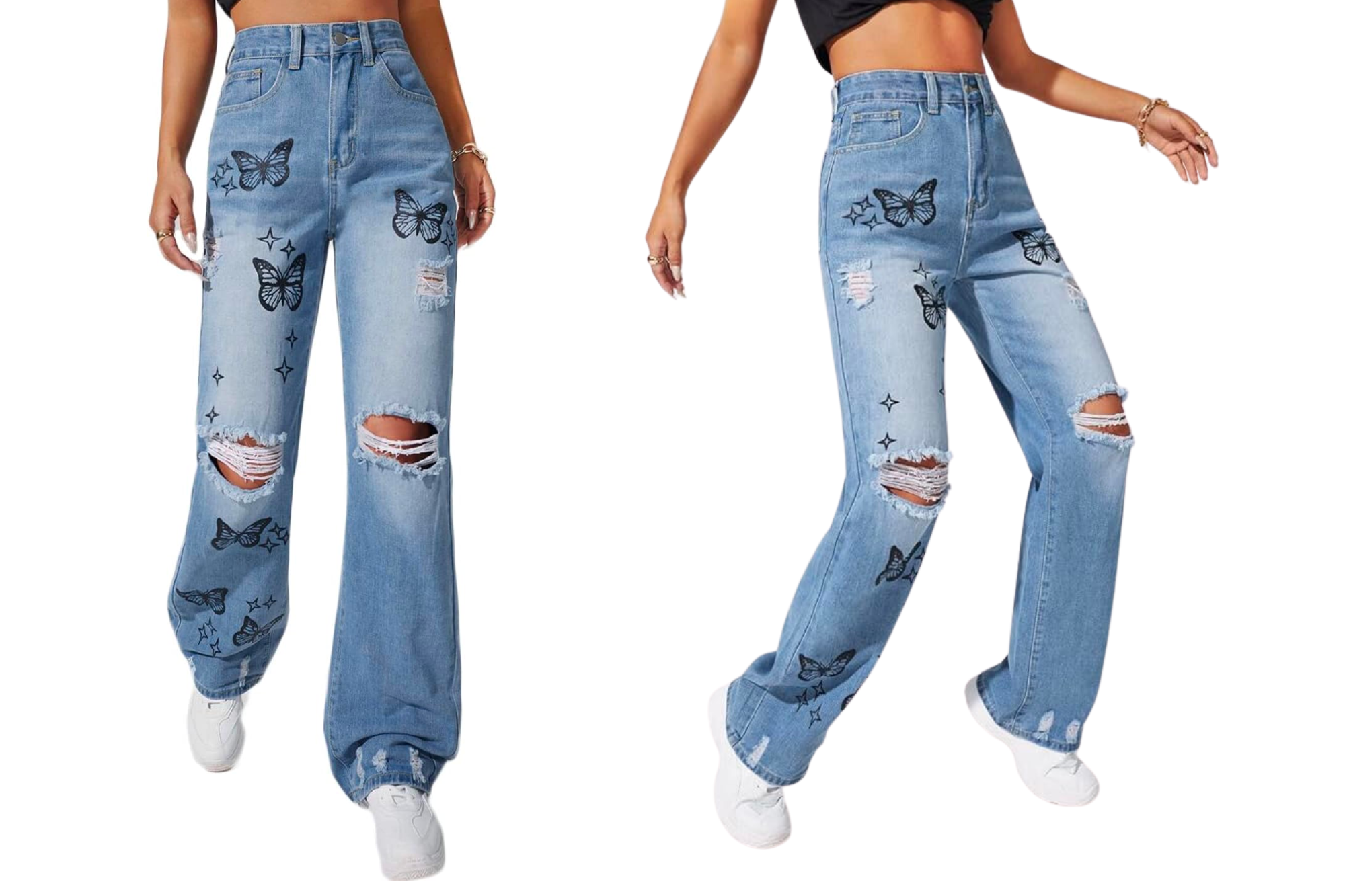 High-Waisted Ripped Jeans