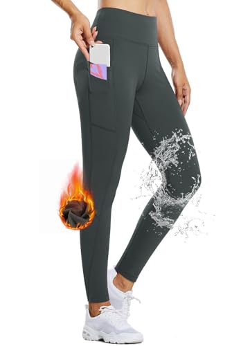 BALEAF Women's Fleece Lined Leggings Water Resistant Thermal Winter Warm Tights High Waisted with Pockets Running Gear Grey M