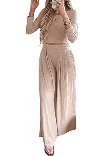 BTFBM Women's Two Piece Lounge Set Long Sleeve Bodycon Ribbed Knit Crop Top Loose Wide Leg Pant Casual Outfits Sweatsuit(Solid Apricot, Medium)