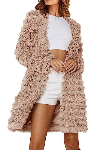 PRETTYGARDEN Women's 2024 Winter Faux Fur Jackets Fall Fashion Open Front Long Shaggy Coat Outerwear (Light Khaki,Medium)