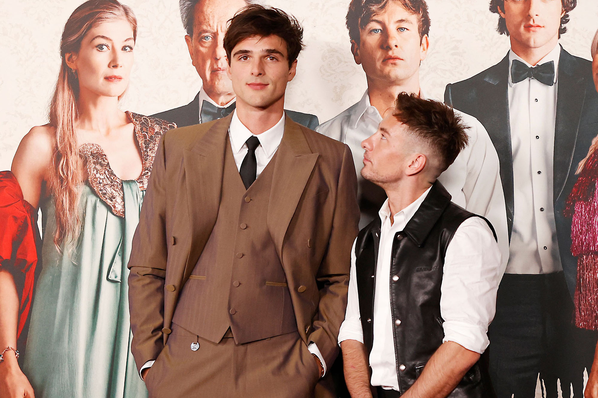 Jacob Elordi (L) and Barry Keoghan arrive for the Los Angeles premiere of "Saltburn" at The Theatre at ACE Hotel in Los Angeles, California, on November 14, 2023. (Photo by Michael Tran / AFP) (Photo by MICHAEL TRAN/AFP via Getty Images)