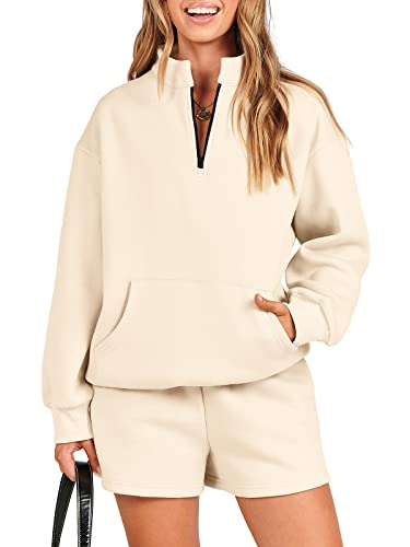 ANRABESS Women Sweat Suit Set Two Piece Outfits 2023 Fall Set Sweatsuit Oversized Half Zip Fleece Sweatshirt Comfy Lounge Matching Set Workout Gym Winter Fashion Clothes 1030mibai-M