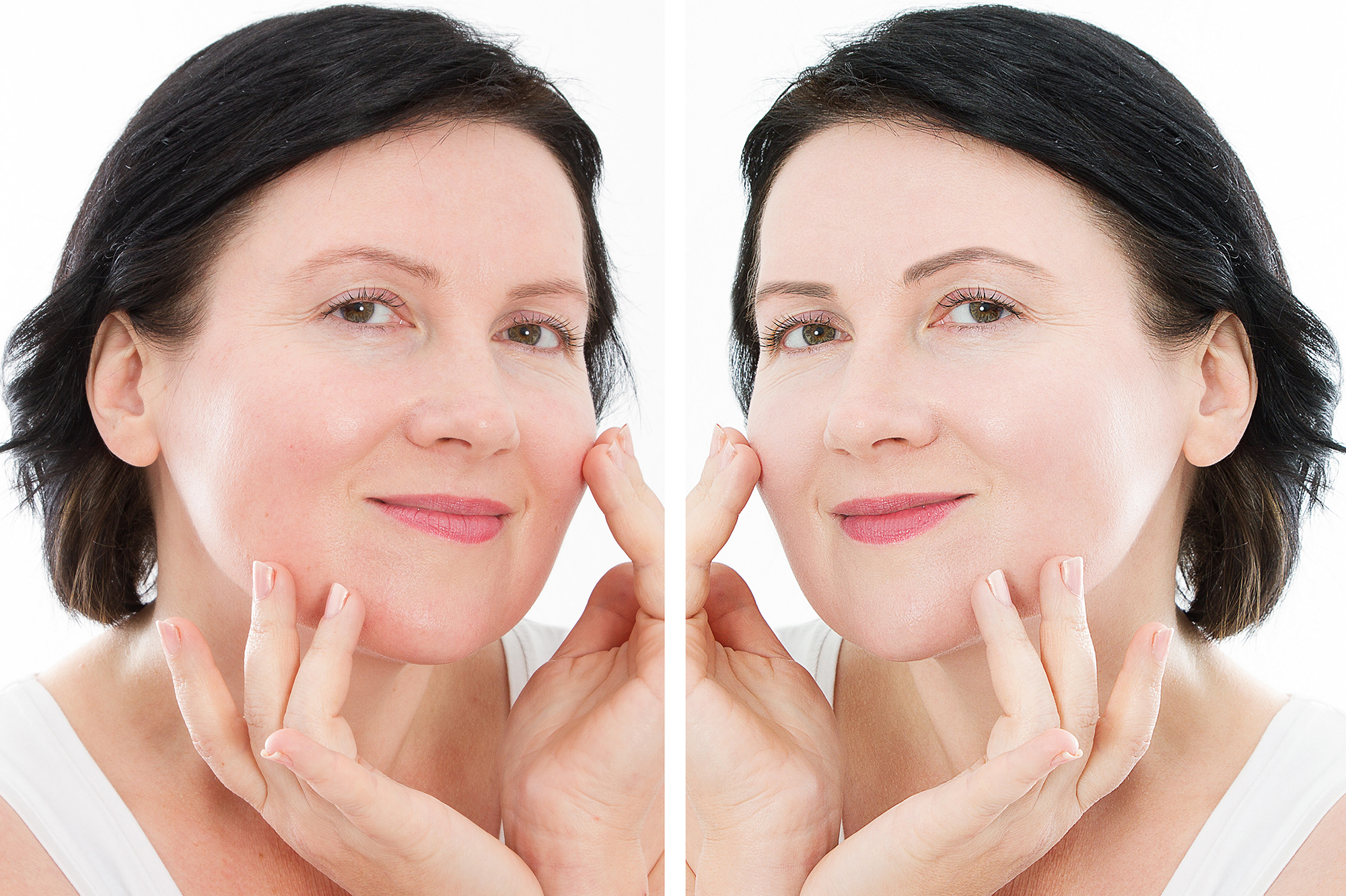 Middle age close up woman happy face before after cosmetic procedures. Skin care for wrinkled face. Before-after anti-aging facelift treatment. Facial skincare and contouring. Beauty and make-up