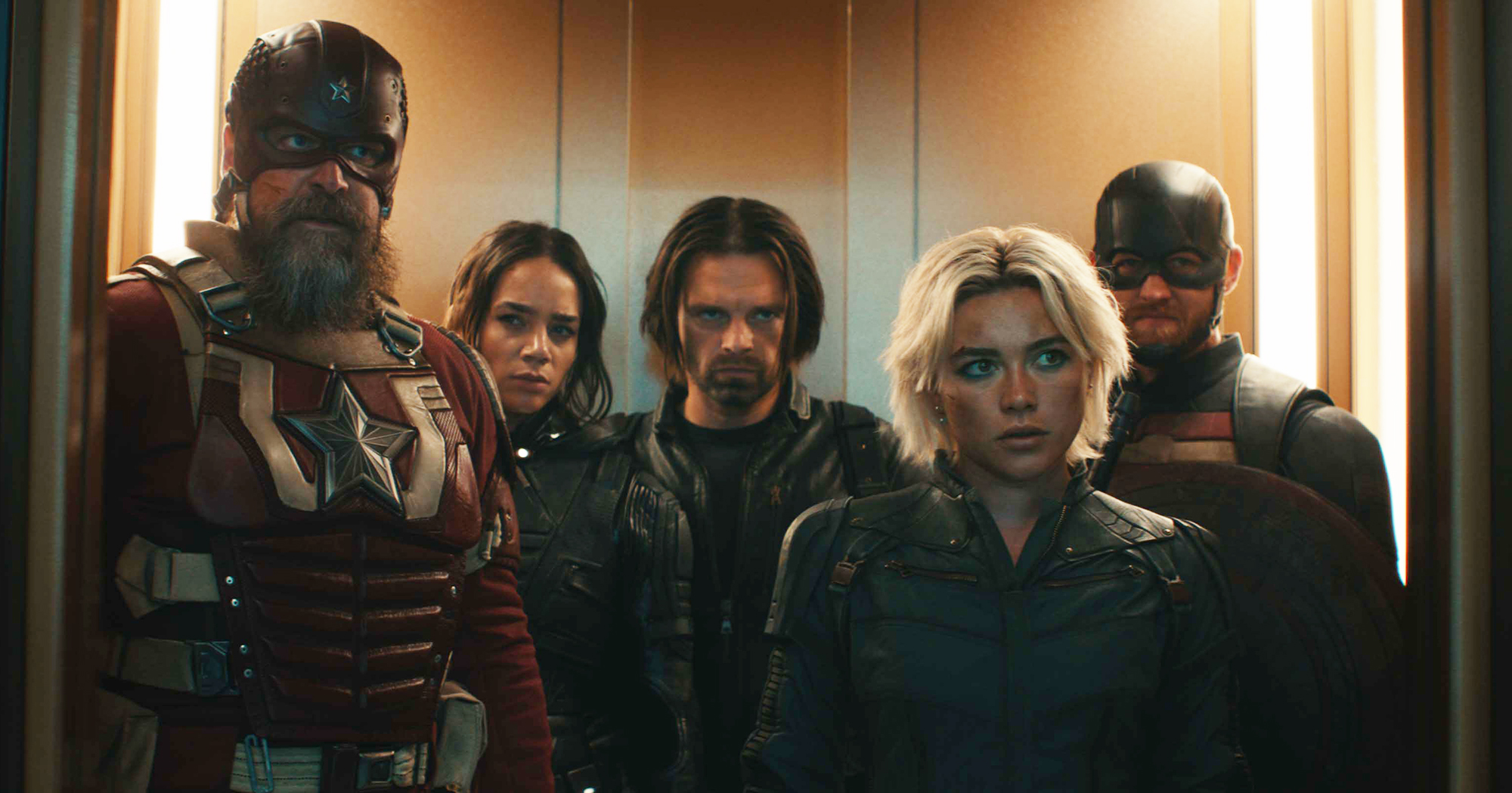 (L-R): Alexei Shostakov/Red Guardian (David Harbour), Ghost (Hannah John-Kamen), Bucky Barnes (Sebastian Stan), Yelena Belova (Florence Pugh), and John Walker (Wyatt Russell) in Marvel Studios' THUNDERBOLTS*. Photo courtesy of Marvel Studios. © 2024 MARVEL.