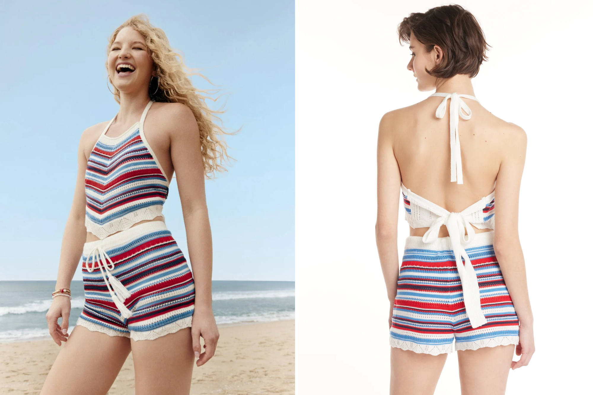 No Boundaries Striped Crochet Halter and Shorts Set