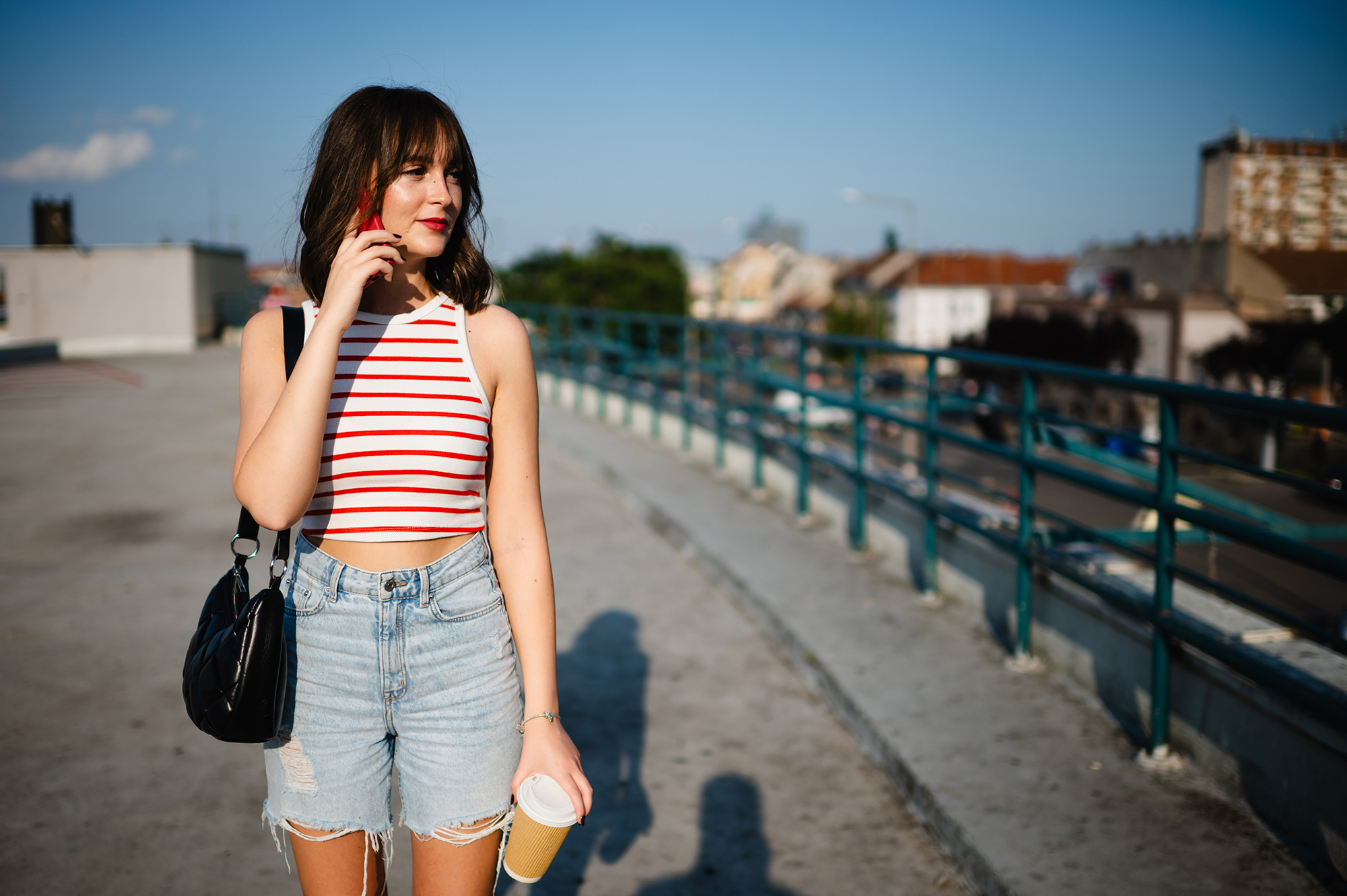 girl, city, urban, smart phone, sunset