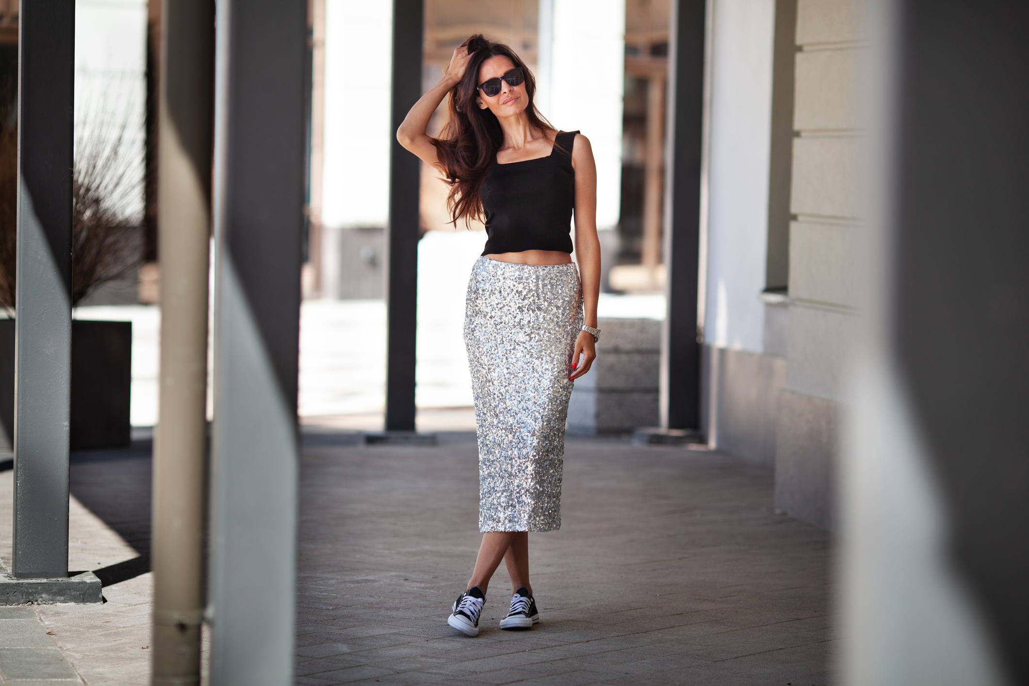 Woman in crop top and maxi skirt