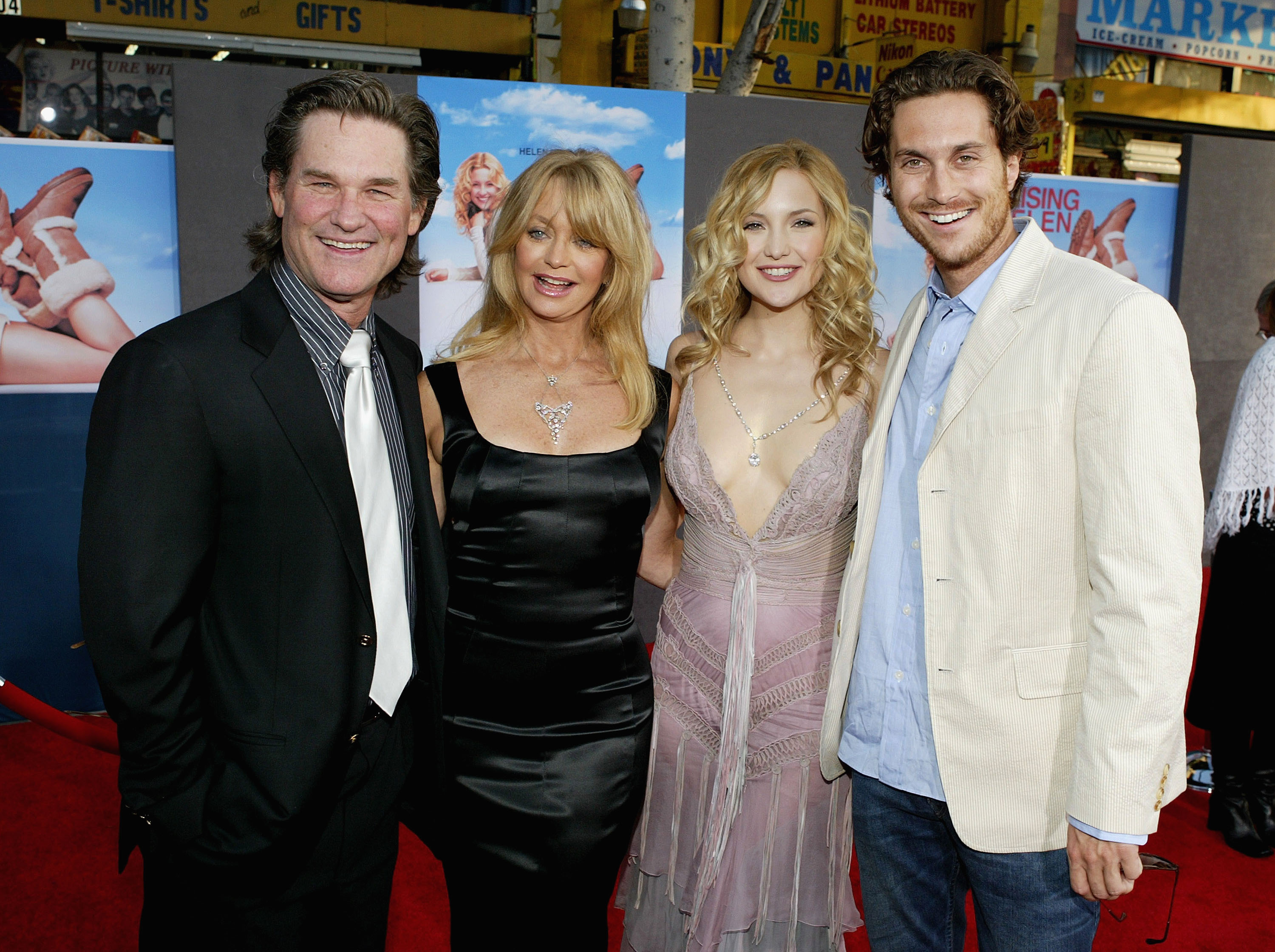 Actor Kurt Russell, his partner, actress Goldie Hawn, and her children, actress Kate Hudson and actor Oliver Hudson, attend the film premiere of the romantic comedy "Raising Helen"