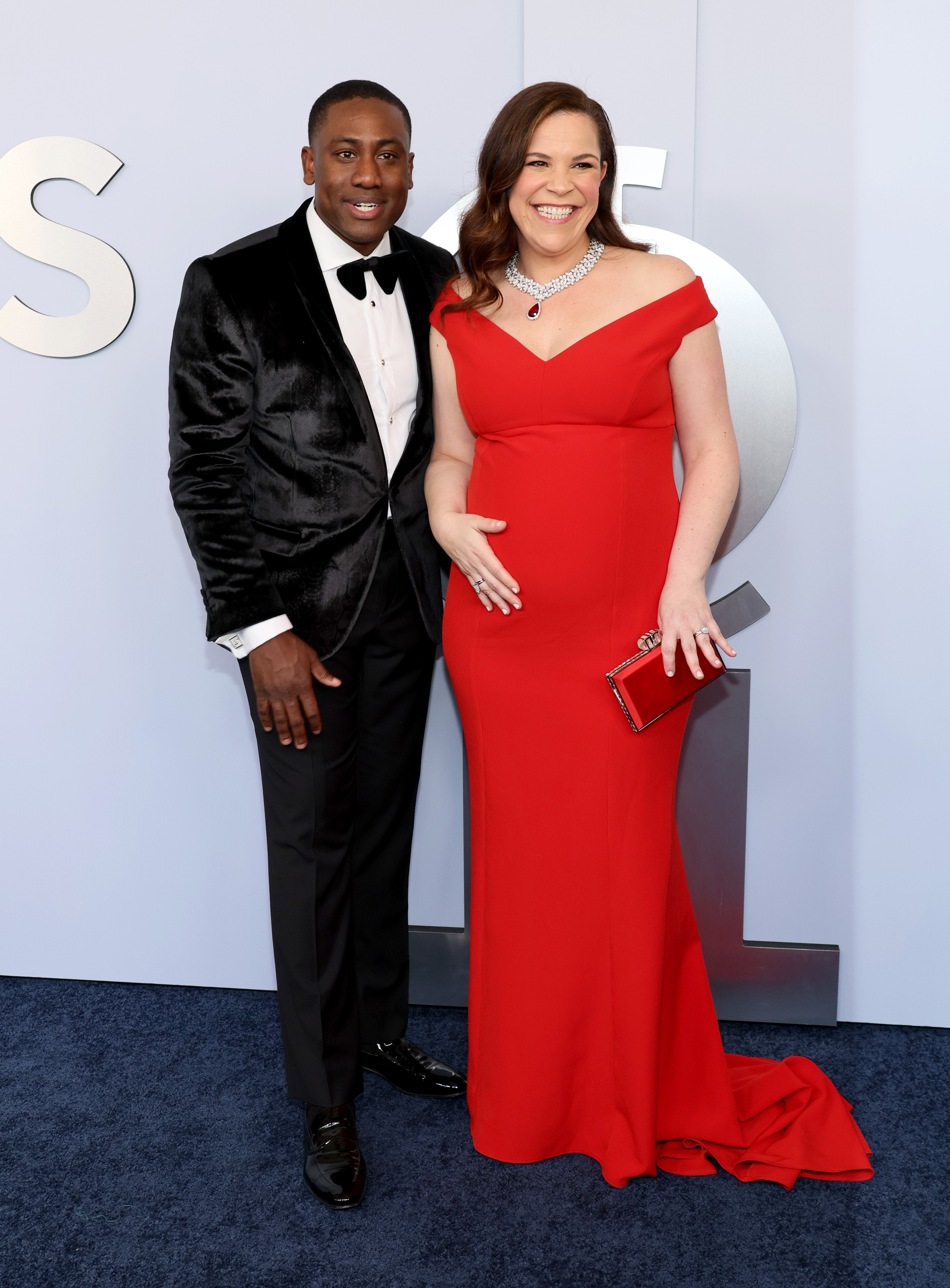 NEW YORK, NEW YORK - JUNE 16: (L-R) J. Alex Brinson and Lindsay Mendez attend the 77th Annual Tony Awards at David H. Koch Theater at Lincoln Center on June 16, 2024 in New York City.