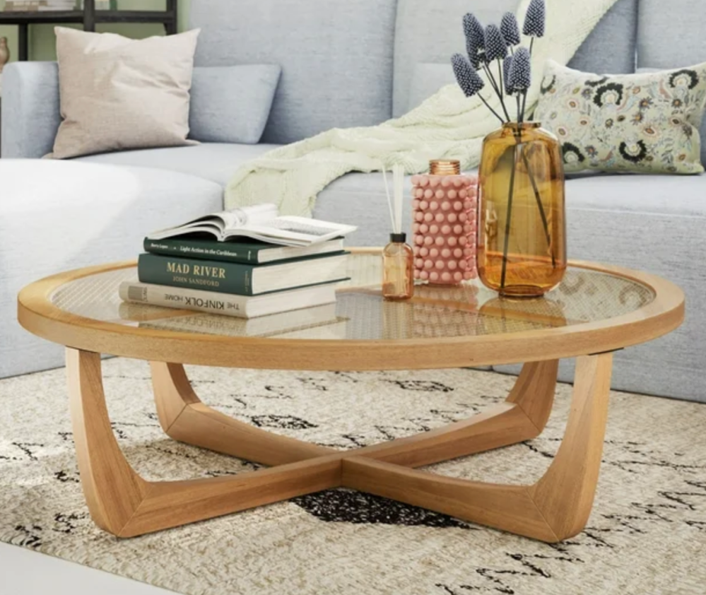 Beautiful Rattan & Glass Coffee Table with Solid Wood Frame by Drew Barrymore