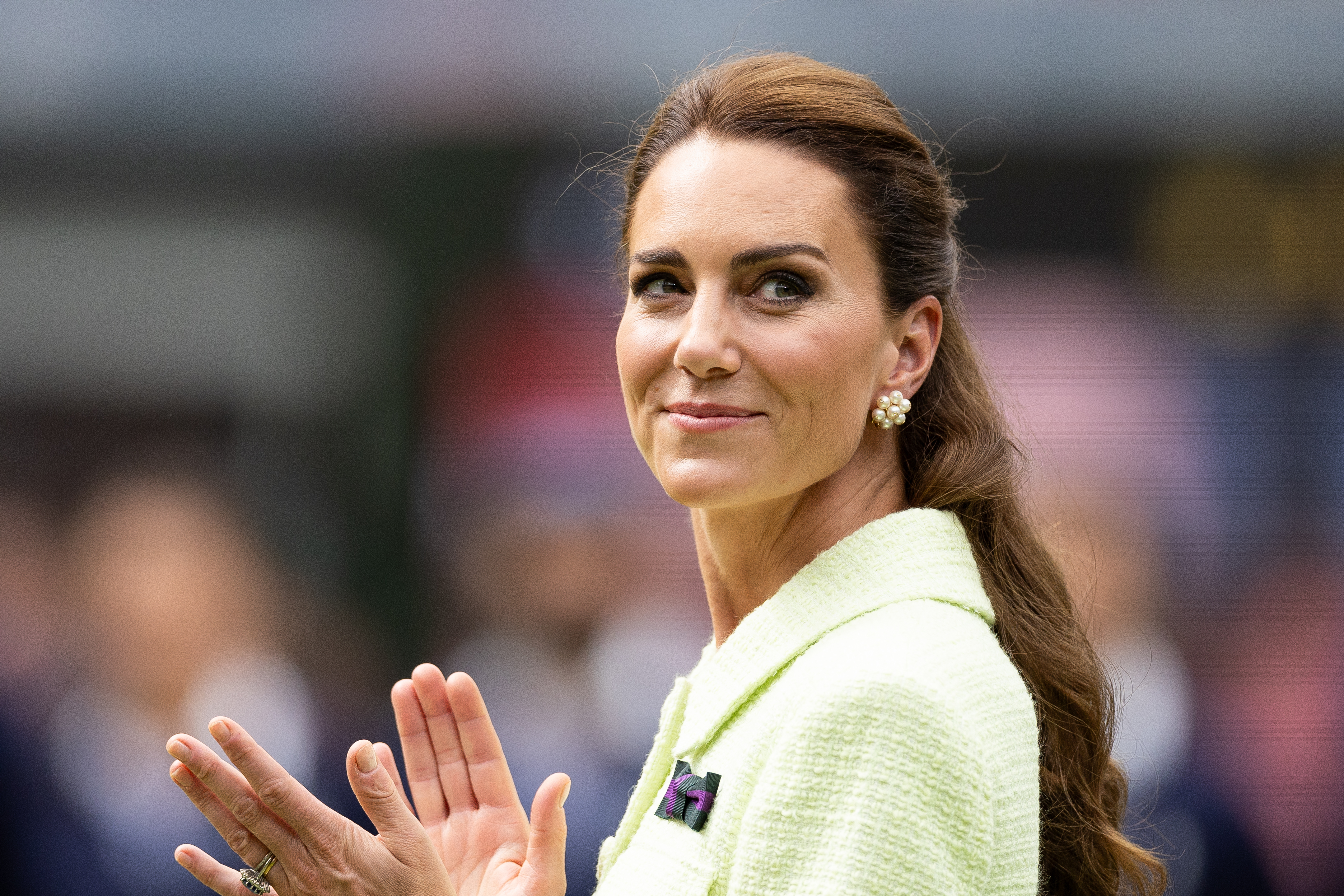 LONDON, ENGLAND - JULY 15: Catherine, Princess of Wales during the trophy ceremony for the Women's Singles Final between Marketa Vondrousova of the Czech Republic and Ons Jabeur of Tunisia at The Wimbledon Lawn Tennis Championship at the All England Lawn and Tennis Club at Wimbledon on July 15th, 2023 in London, England. (Photo by Simon Bruty/Anychance/Getty Images)