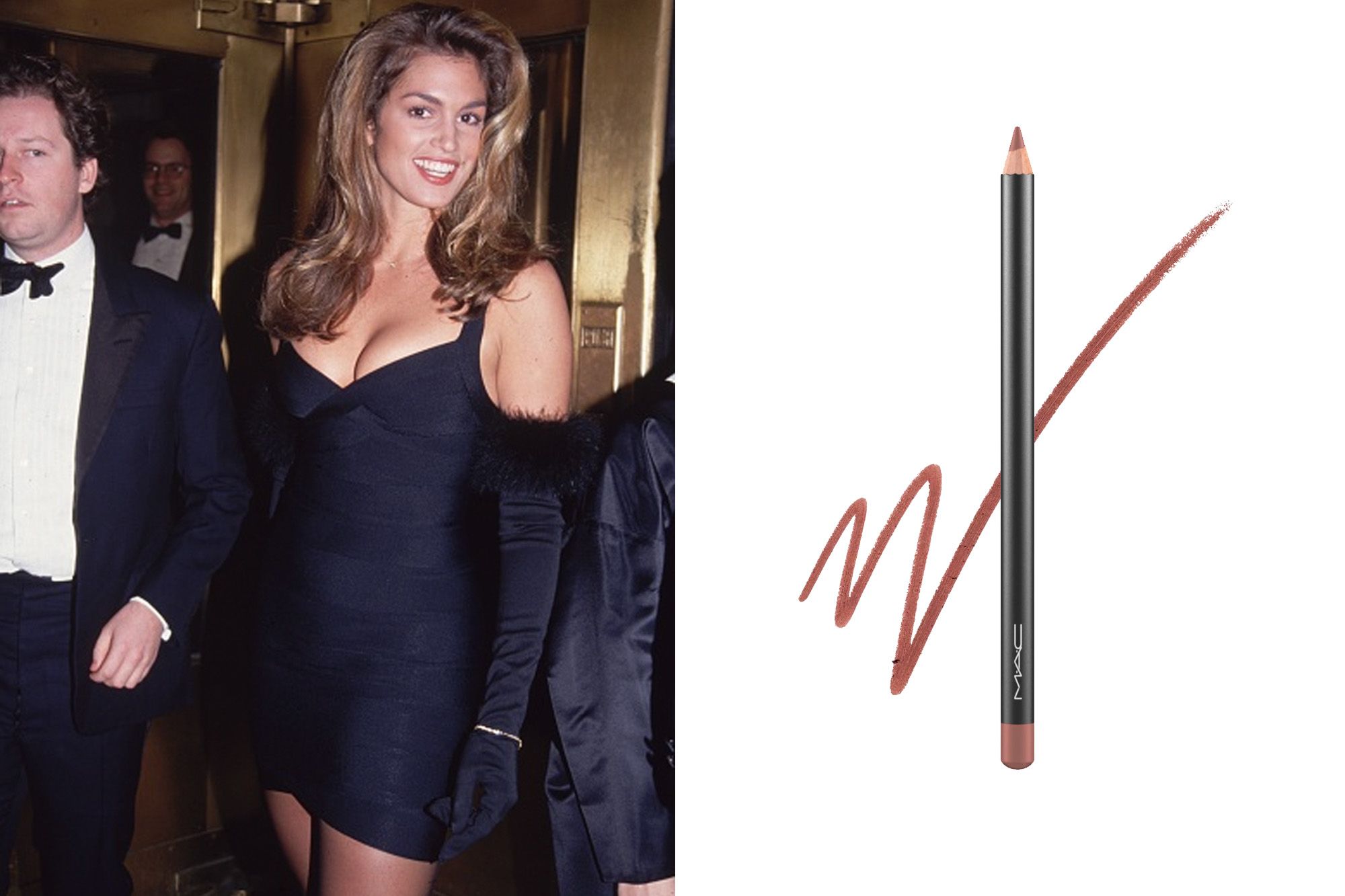 Cindy Crawford next to mac lip liner pencil in shade spice