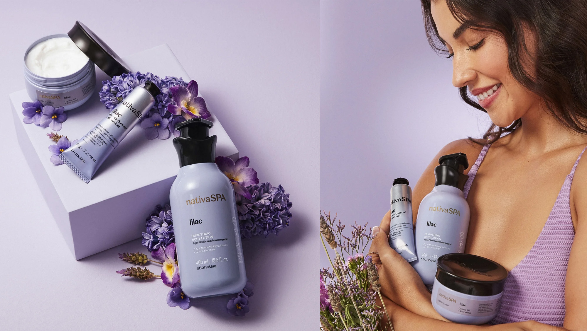 nativa products next to a woman holding some