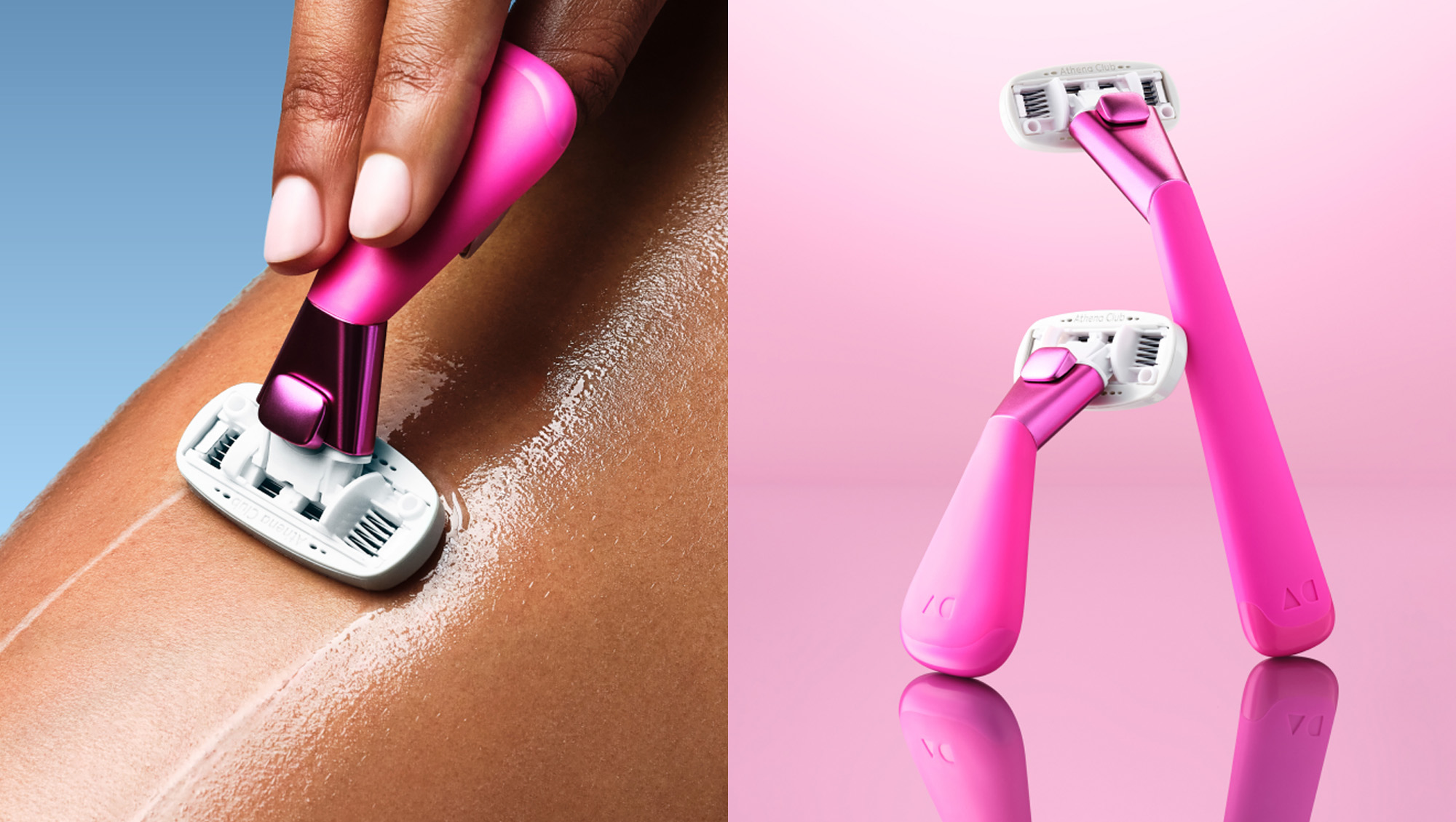 two photos side by side, a razor being used on skin and a couple of pink razors.