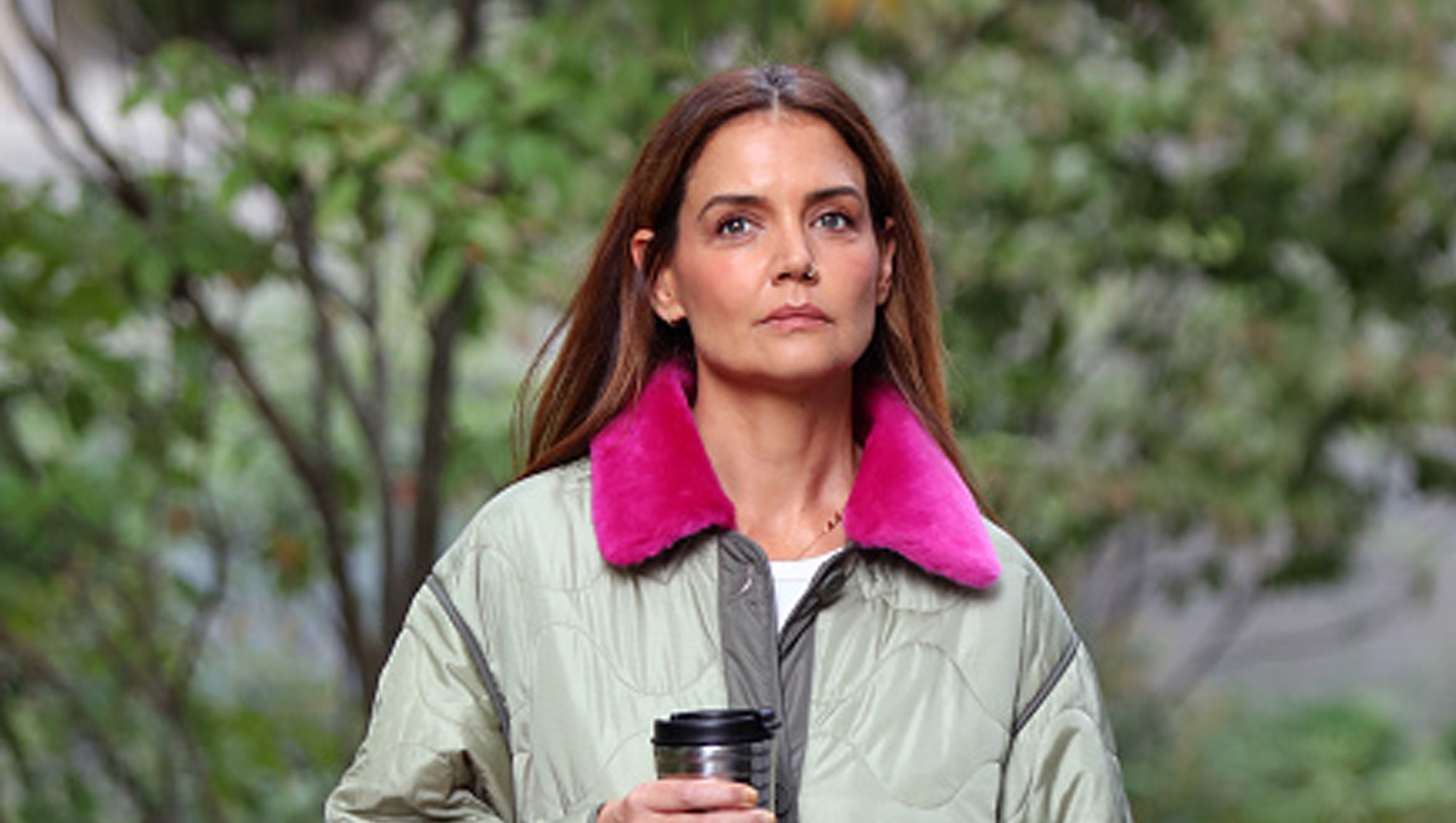 katie holmes in green jacket