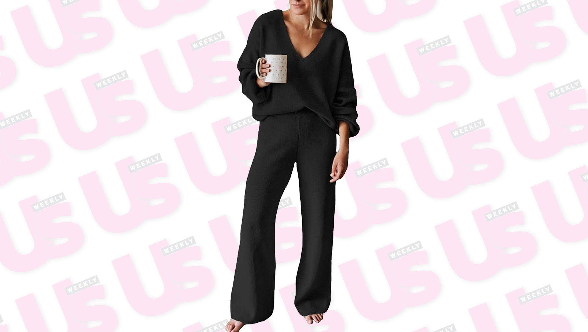 a woman wearing a matching black set