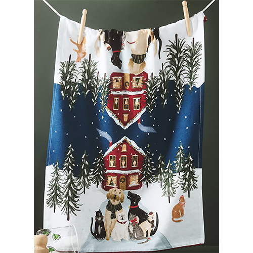 Cat and Dog Carolers Dish Towel
