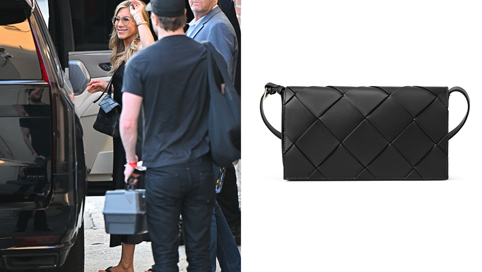 jennifer anniston woven black bag