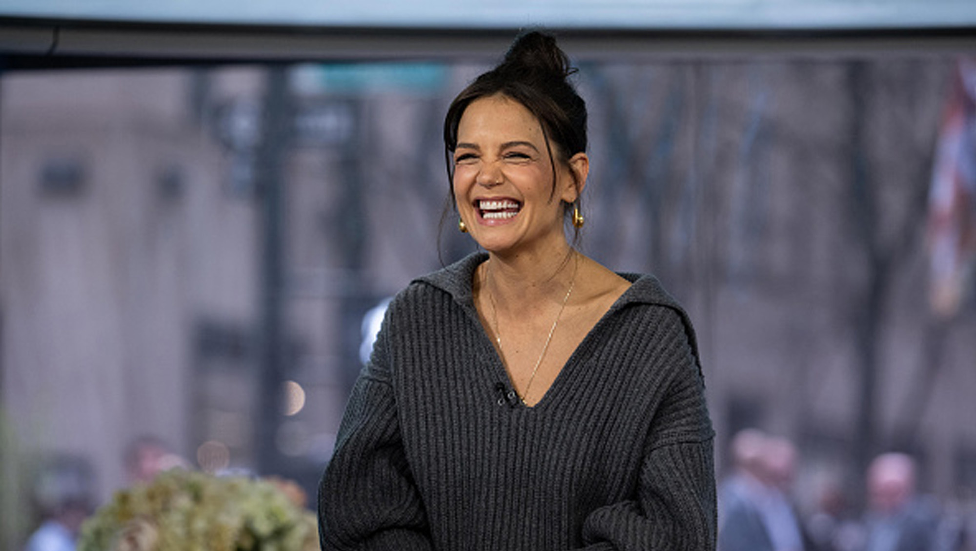 katie holmes in gray sweater