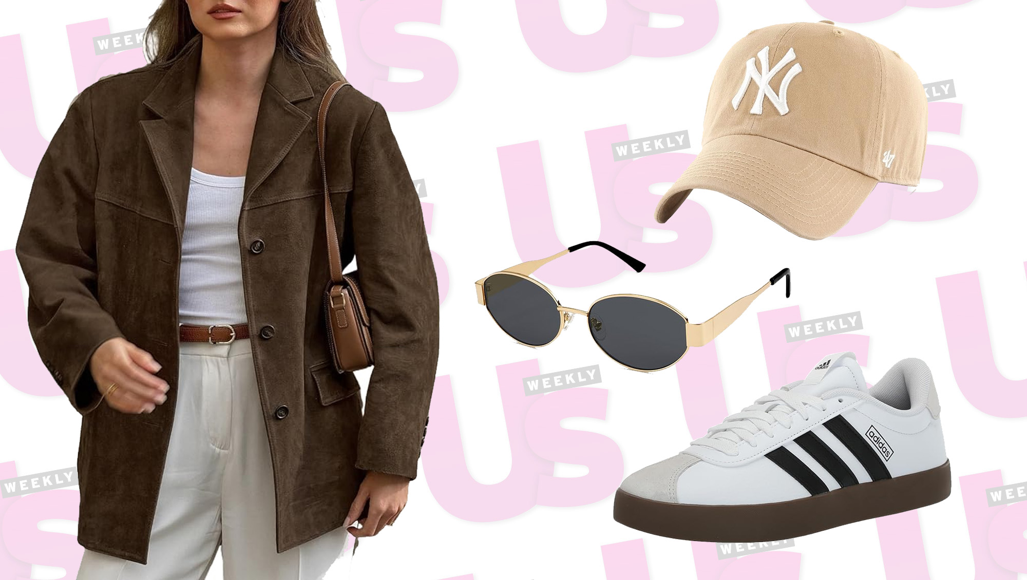 suede jacket, ny yankees cap, adidas sneakers and sunglasses