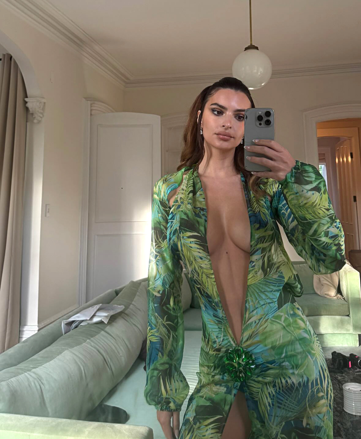 Emily Ratajkowski Channels Jennifer Lopez in Green Versace Dress