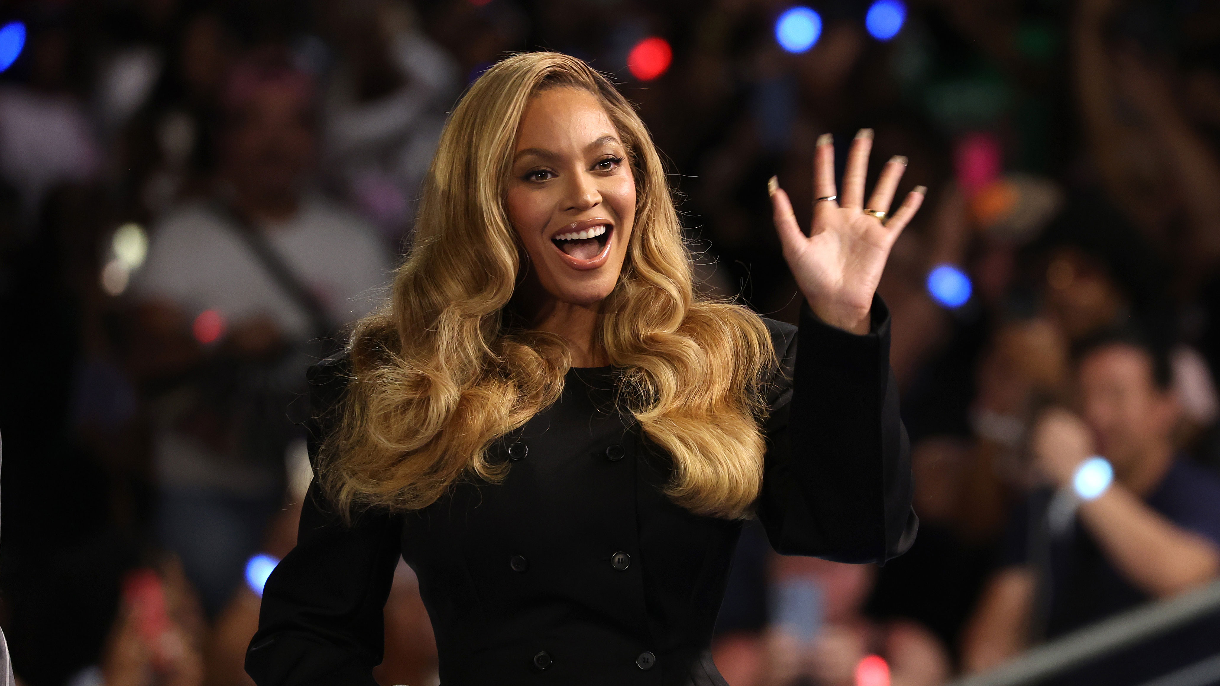 HOUSTON, TEXAS - OCTOBER 25: Beyoncé looks on during a campaign rally with Democratic presidential nominee, U.S. Vice President Kamala Harris, at Shell Energy Stadium on October 25, 2024 in Houston, Texas. Vice President Kamala Harris is campaigning in Texas holding a rally supporting reproductive rights with recording artists Beyonce and Willie Nelson. (Photo by Justin Sullivan/Getty Images)
