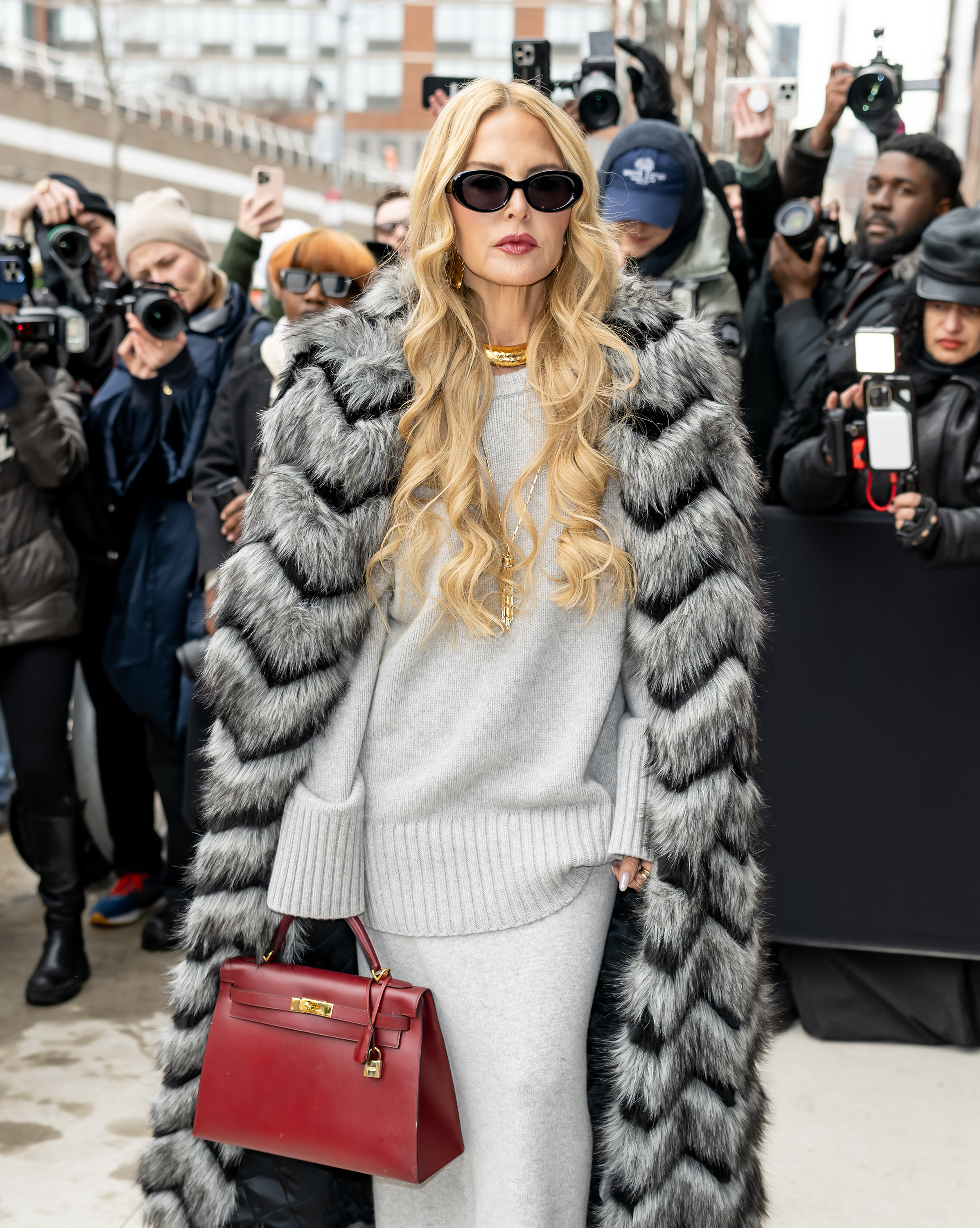 rachel zoe in fur coat and gray outfit