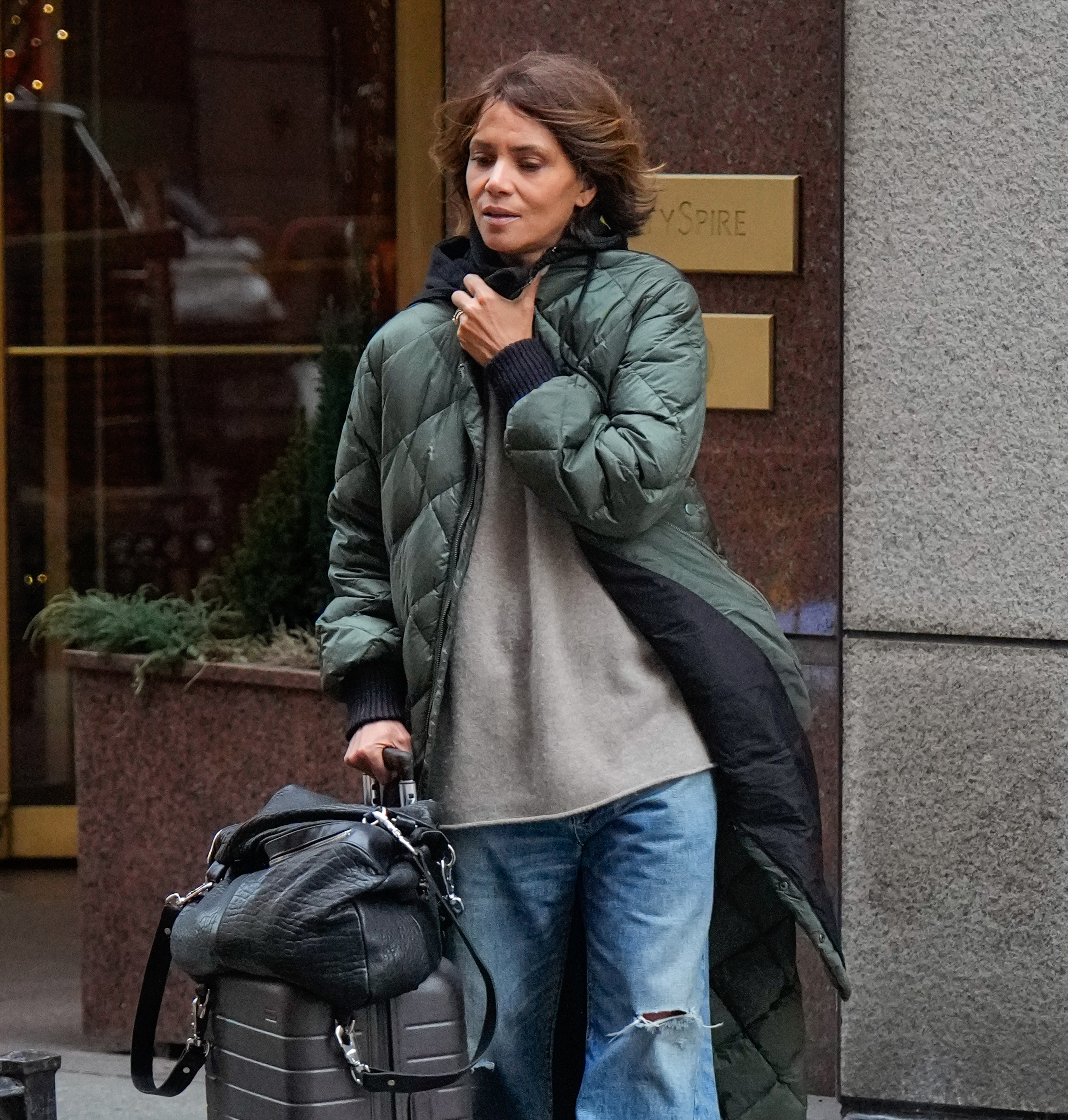 Halle Berry in Olive Coat