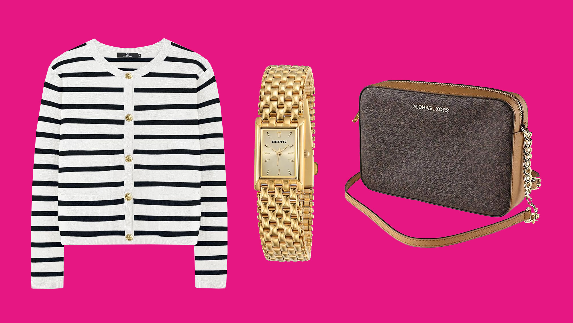 striped cardigan, gold watch and michael kors bag