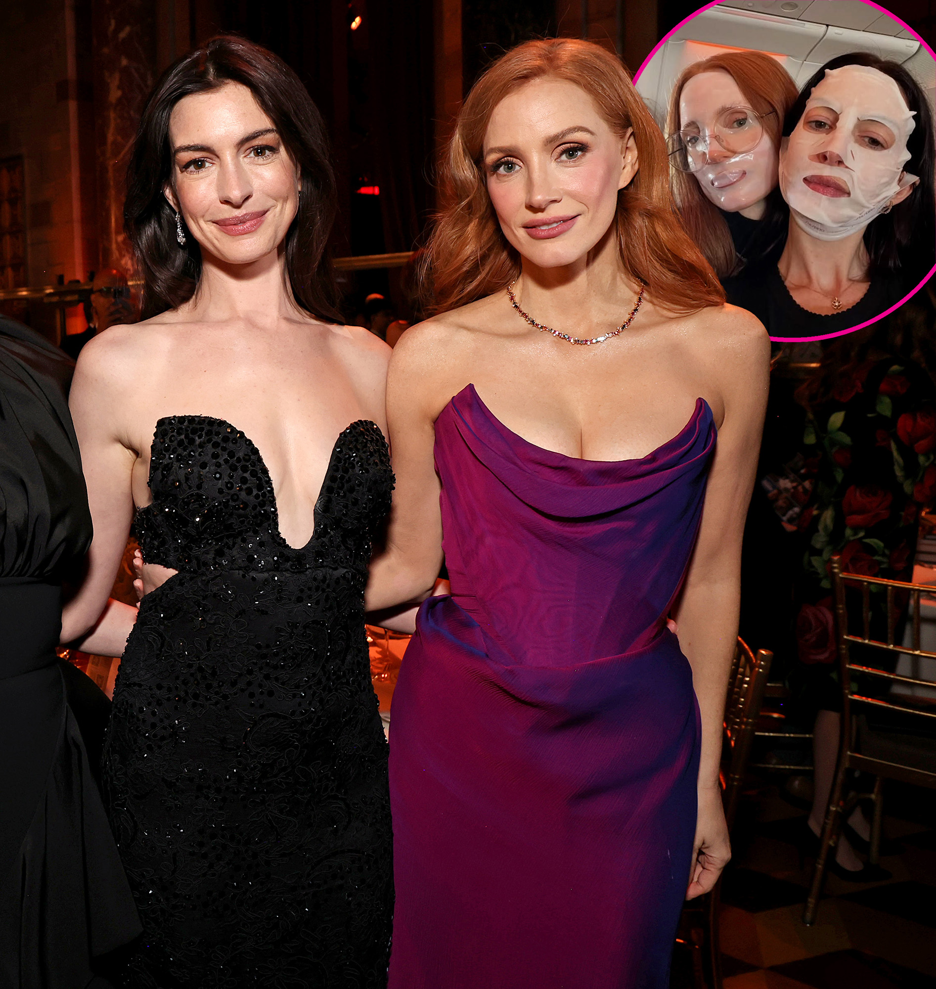 Anne Hathaway and Jessica Chastain Relax in Matching Face Masks During Joint Flight