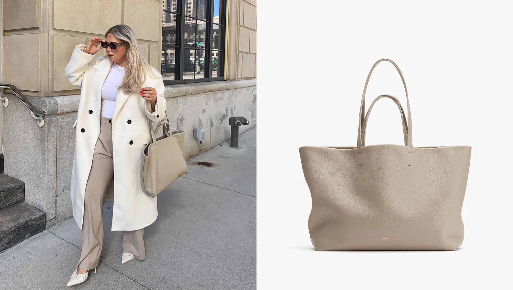 picture of girl holding beige cuyana tote bag