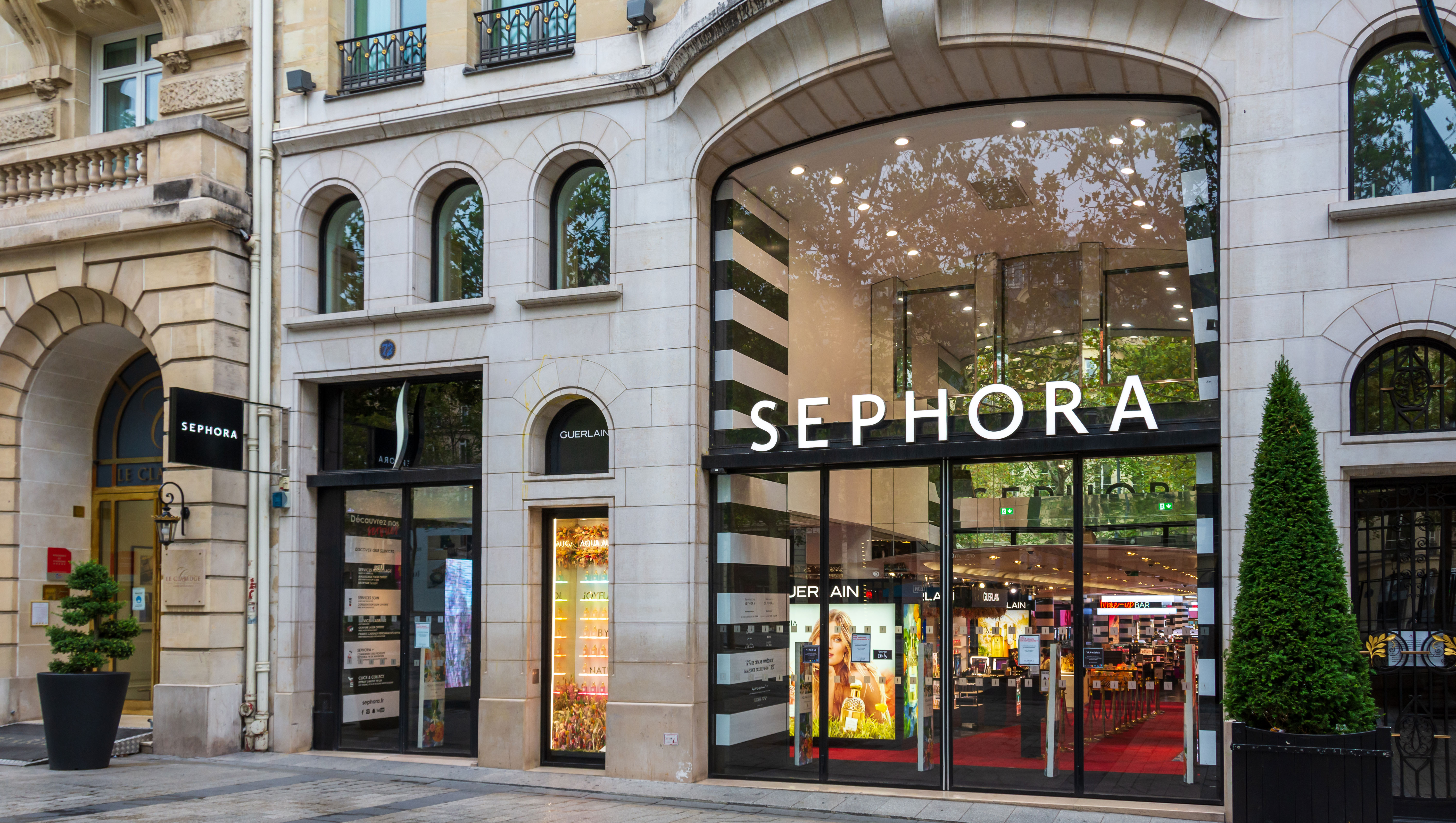 PARIS, FRANCE - AUGUST 15, 2020: Facade of the Sephora store on the avenue des Champs-Elysées. Sephora is a french multinational chain of personal care and beauty stores