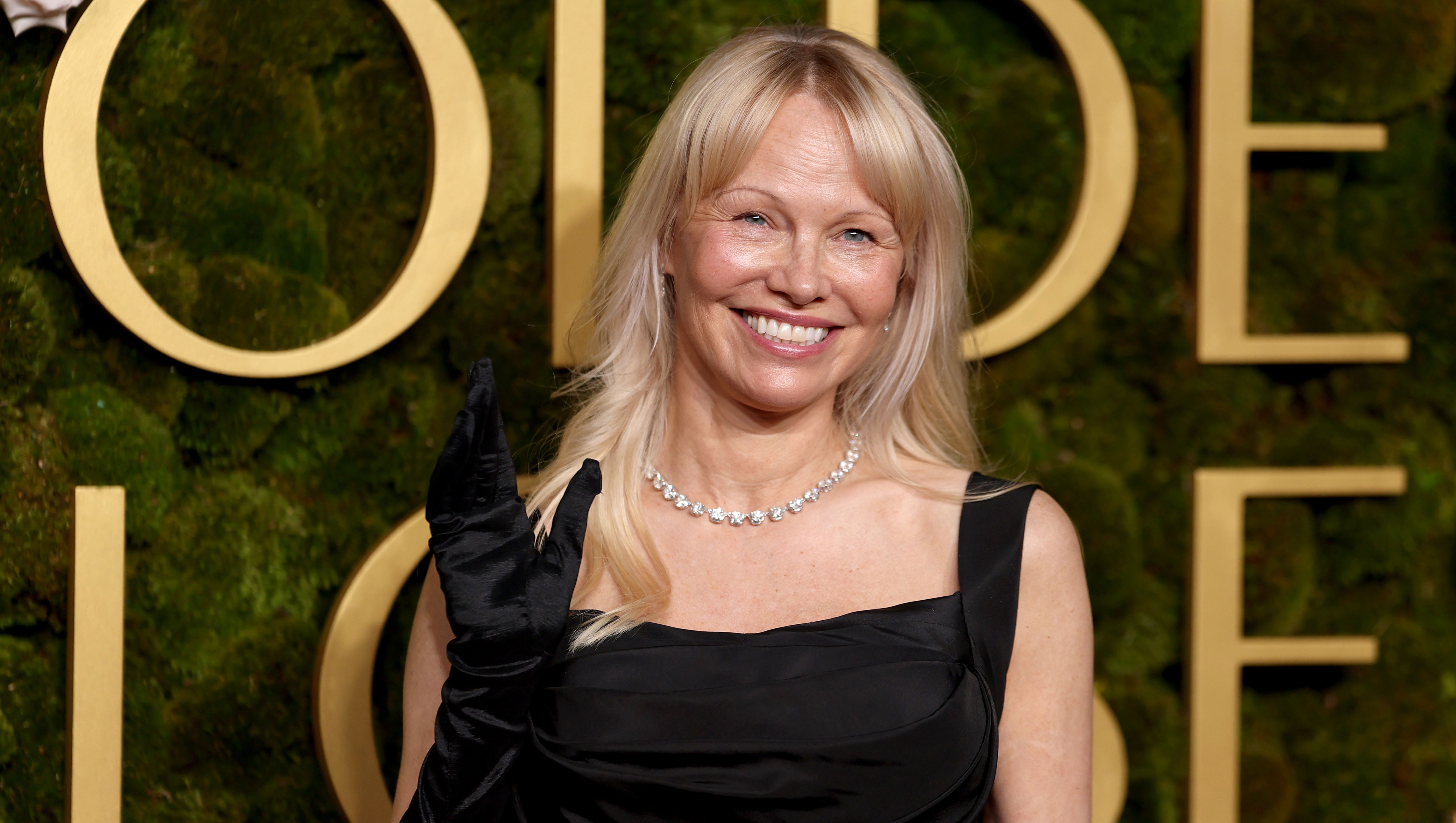 BEVERLY HILLS, CALIFORNIA - JANUARY 05: Pamela Anderson attends the 82nd Annual Golden Globe Awards at The Beverly Hilton on January 05, 2025 in Beverly Hills, California. (Photo by Matt Winkelmeyer/WireImage)
