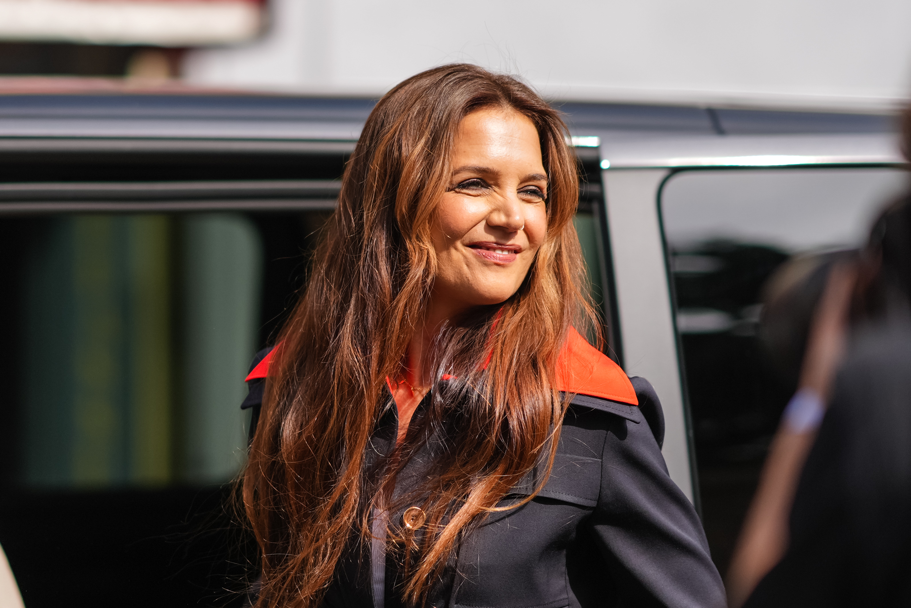Katie Holmes is seen, outside Patou, during the Haute Couture Fall/Winter 2024/25 as part of Paris Fashion Week on June 27, 2024 in Paris, France.
