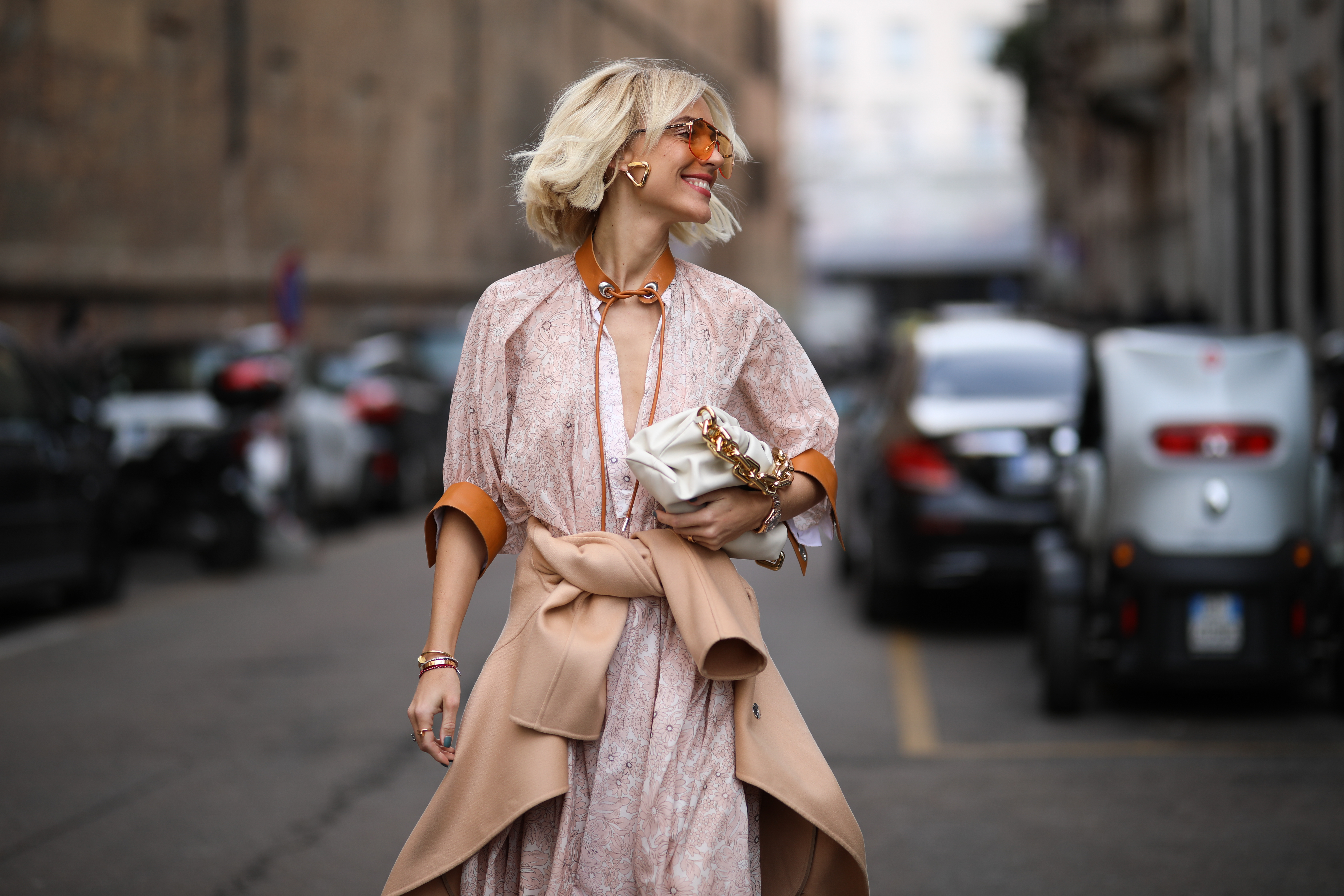 Viktoria Rader is seen wearing a Bottega Veneta bag and heels before Sportmax during Milan Fashion Week Fall/Winter 2020-2021 on February 21, 2020 in Milan, Italy.