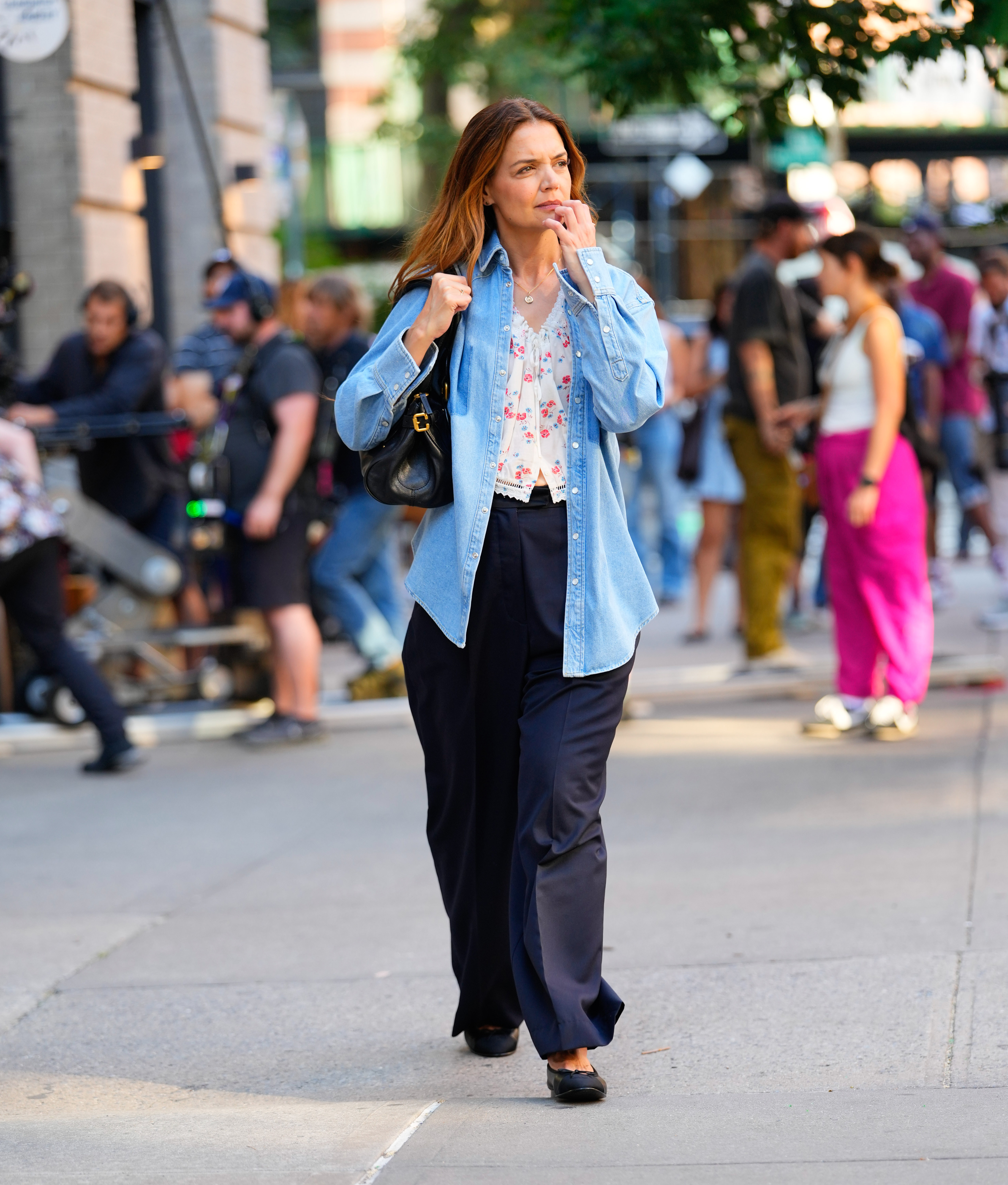 Katie Holmes is seen on the set of "Happy Hour" on July 22, 2025 in New York City.
