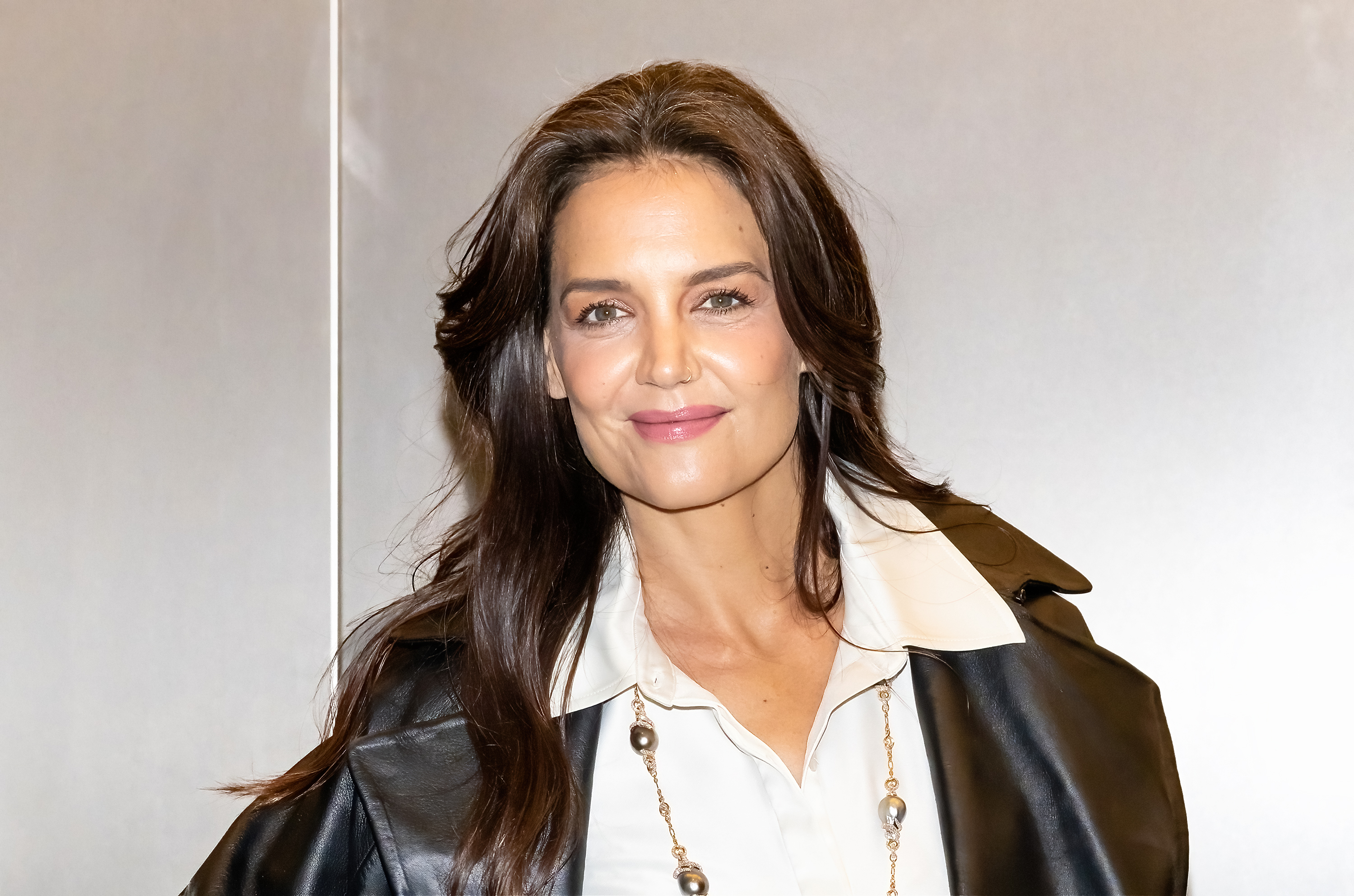 Actress Katie Holmes is seen arriving to Mikimoto 130th Anniversary Party at Central Park Tower on April 29, 2023 in New York City.