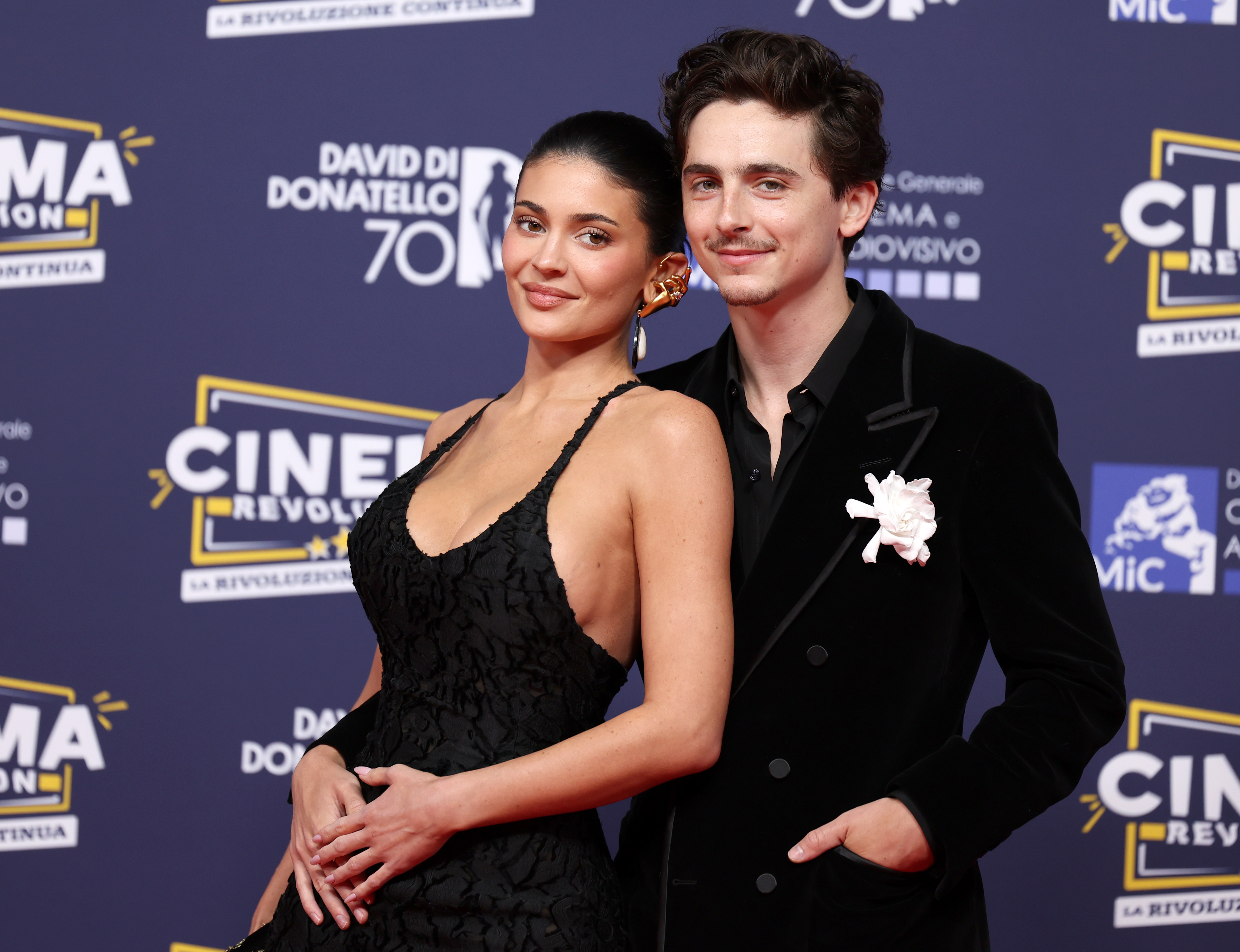 Kylie Jenner and Timothée Chalamet on the red carpet at the 2025 David di Donatello Awards.