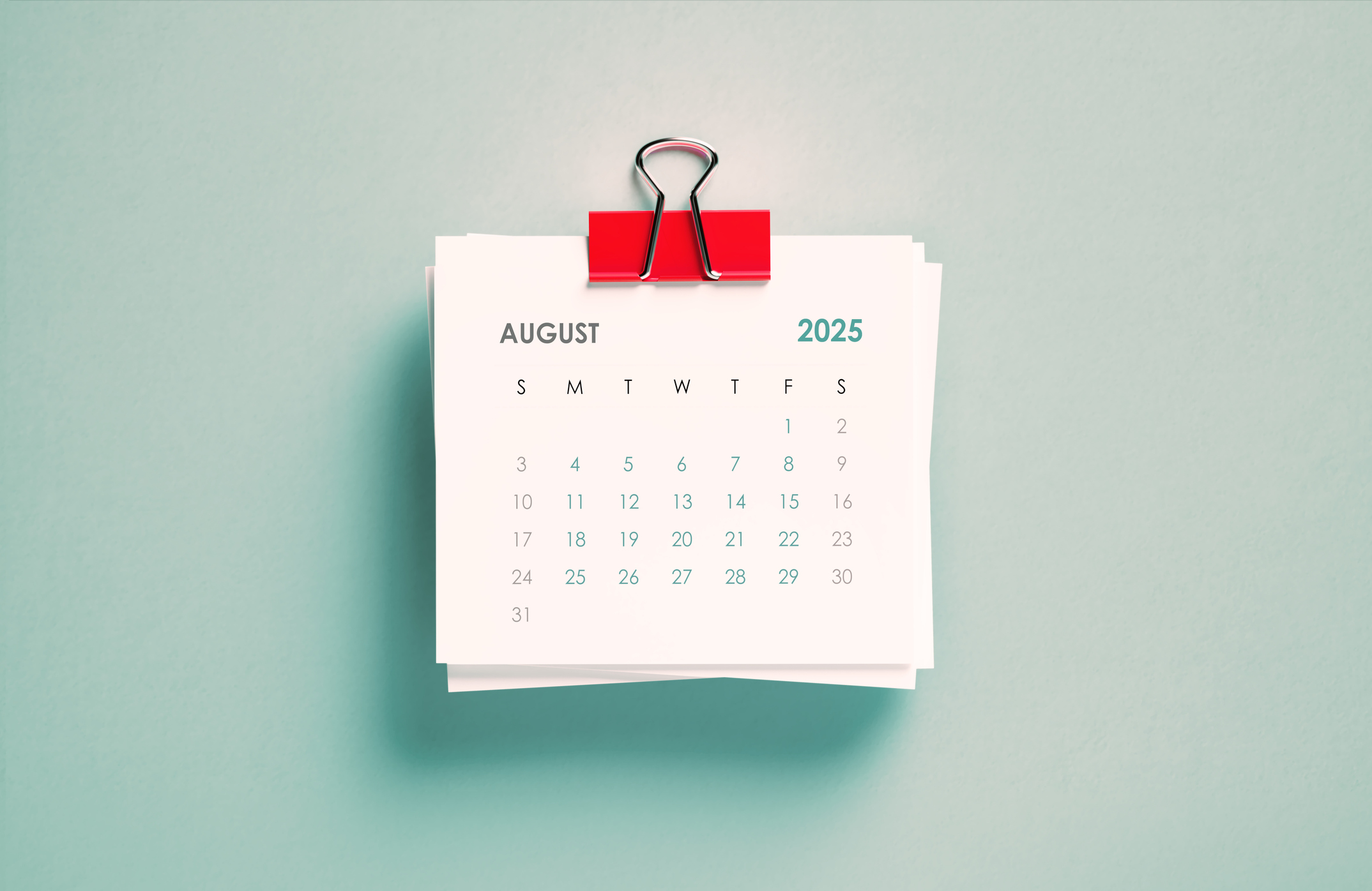 2025 August calendar on green background. Horizontal composition. Reminder concept.